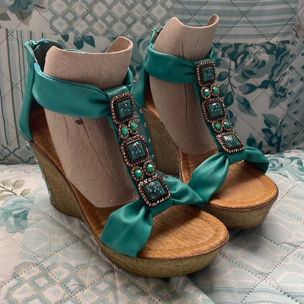 COPY - Teal and Gold Wedges with Rhinestones